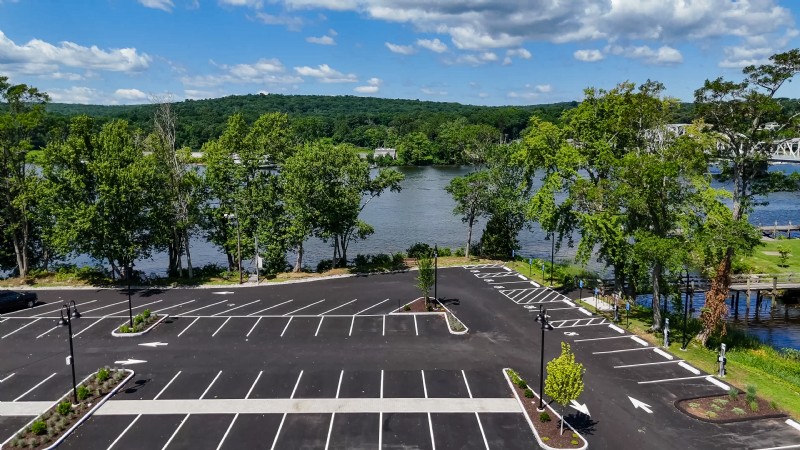 Aerial view of the parking lot with the Connecticut River along two sides.