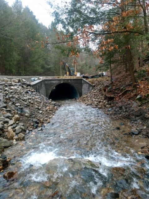 An excavator sits atop a bridge with an arch culvert, with Walker Brook in the foreground.
