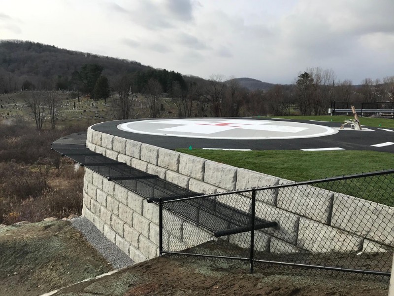 A close-up view of the new helipad, which has a white center with a red ‘H’ to make it highly visible.