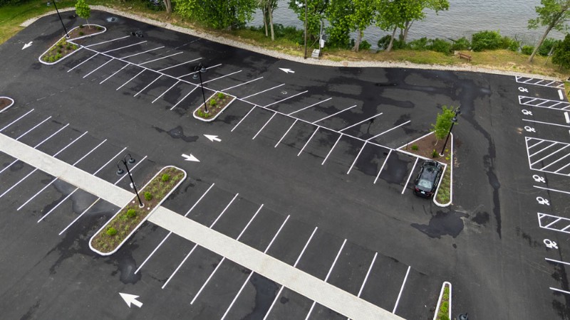 Aerial view of the entire Goodspeed Opera House parking lot.